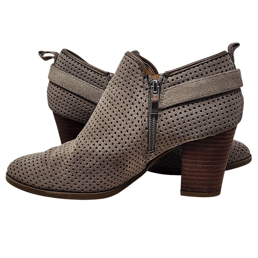 Franco Sarto Ankle Booties 7.5M Women Taupe Perforated Leather Dale 2 Block Heel